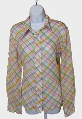 70 S DISCO BLOUSE GREEN YELLOW PINK PLAID COTTON POLY LIGHT WEIGHT BUTTON UP MED