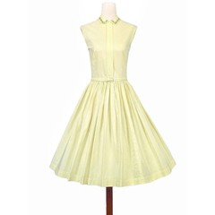 1950s Vintage Dress Belt Set 50s Summer Fit N Flare Cotton Yellow Embroidered XS