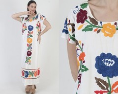 Mexican Birds Dress Vtg Embroidered Ethnic Kaftan Pool Cover Up Puebla Sundress