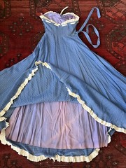 VTG 50s 60’s Turquoise Raise Polka Dots Embroidery Ruffle Full Sweep Gown Prom S