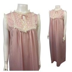 1960s 70s Pink Lace Nightgown Sheer Nylon Romantic Lingerie Womens M