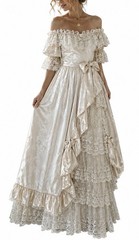 70s Ivory Satin Lace Prairie Maxi Dress Romantic Cottagecore Off Shoulder Bridal