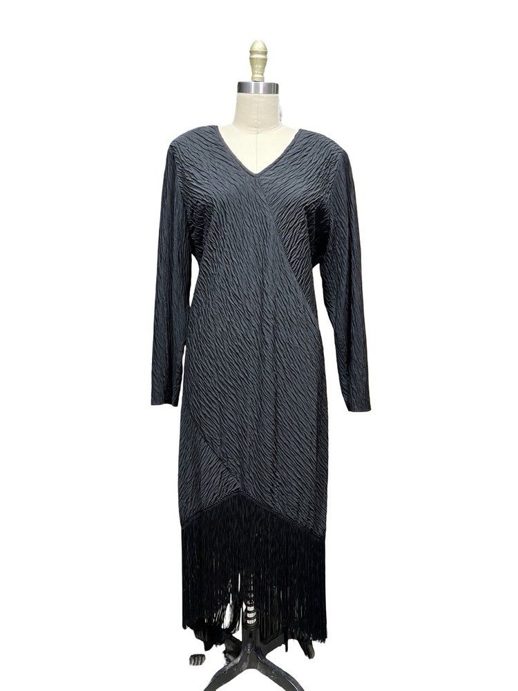 Vintage Barone Black Crinkle Crepe Goth Witchy Fringe Hem Dress Plus Sz 18