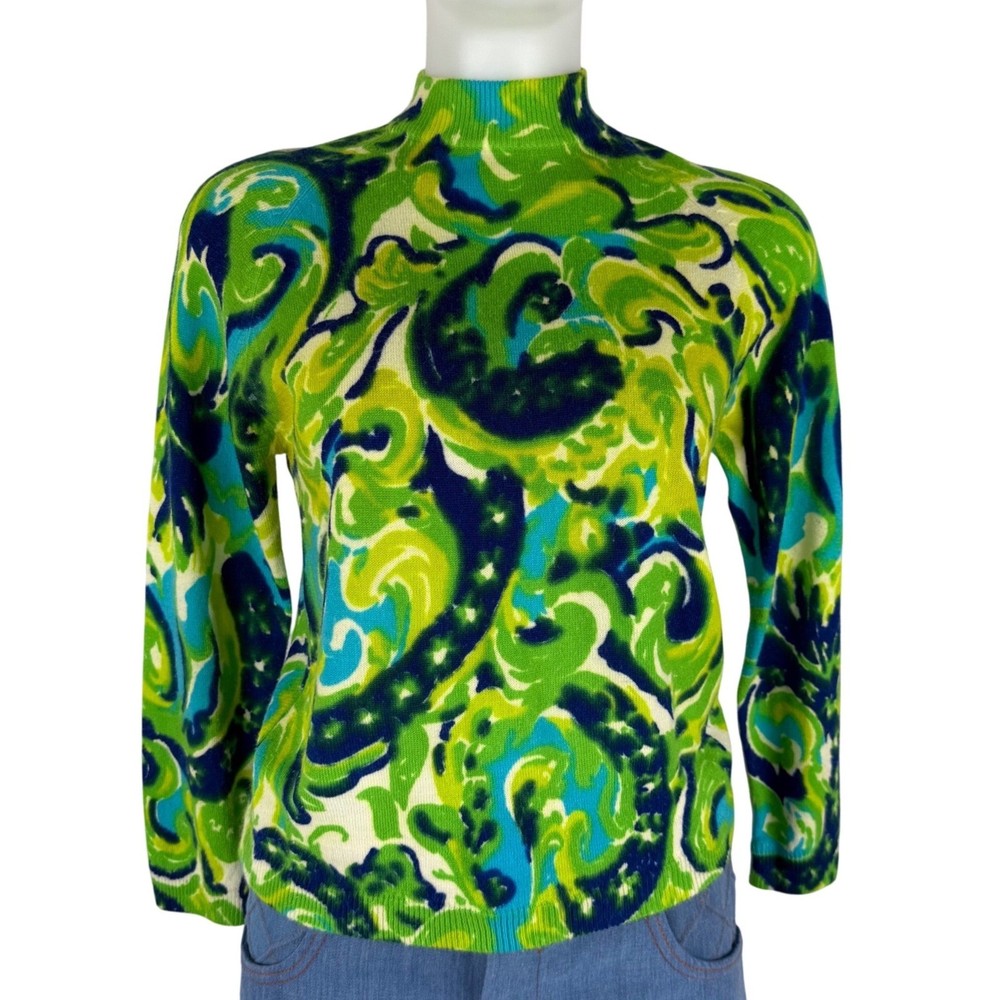 Vintage 70s Psychedelic Paisley Mock Neck Sweater Green Blue Mod 34