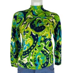 Vintage 70s Psychedelic Paisley Mock Neck Sweater Green Blue Mod 34