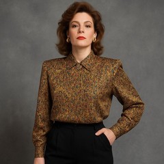 Vintage 80s Notations Blouse 8 Metallic Abstract Print Shoulder Pads Retro Glam