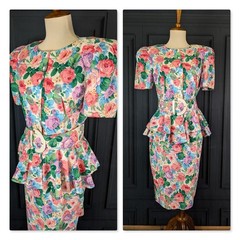 Vintage 80’s 90’s Dress Floral Print Shoulder Pads Belt Peplum Sheath M L 11 12