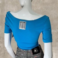 Vintage Y2K Moschino Jeans Blue Boat Neck Crop Top Italy Barcode Graphic S/M