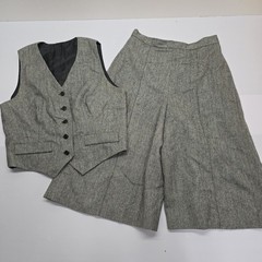 Vintage Herringbone Vest and Culottes Set Gray Black Tweed Academic 2 Piece Suit