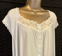 EILEEN WEST Jersey Knit POWDER BLUE NIGHTGOWN Large LACE Short Gown Romantic
