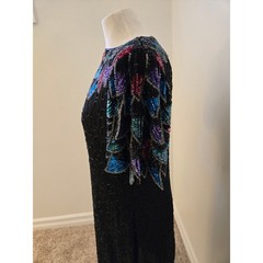 Vintage Silk Sequin Beaded Cocktail Dress Art Deco Sleeve Open Back Midi