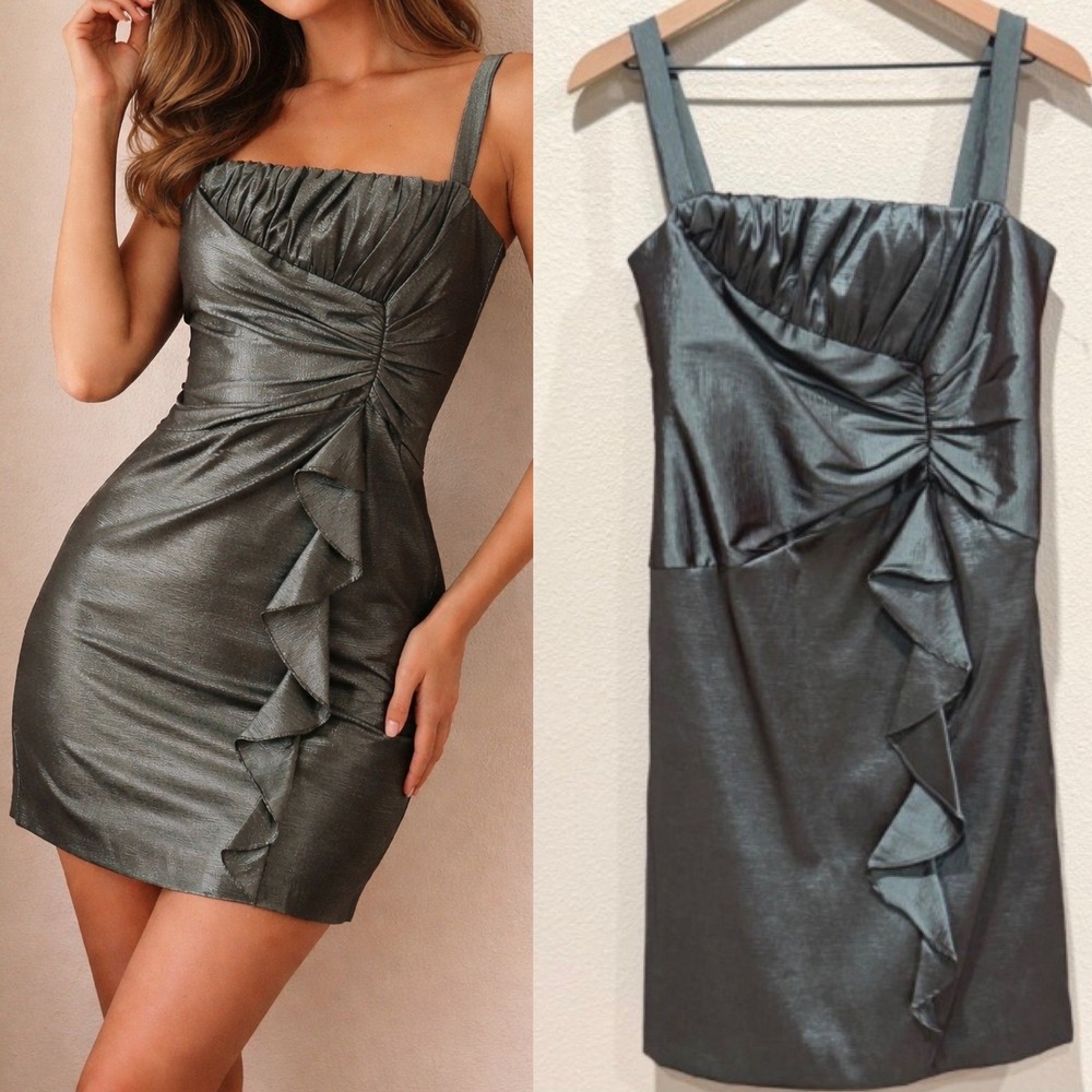 R&M RICHARDS Cocktail Dress Metallic Teal Ruffle Ruched Party Evening Petite 8