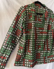 Vintage 60/70’s Tunic Blouse Women’s, Olive Green & Red White Geo Print, L, EUC