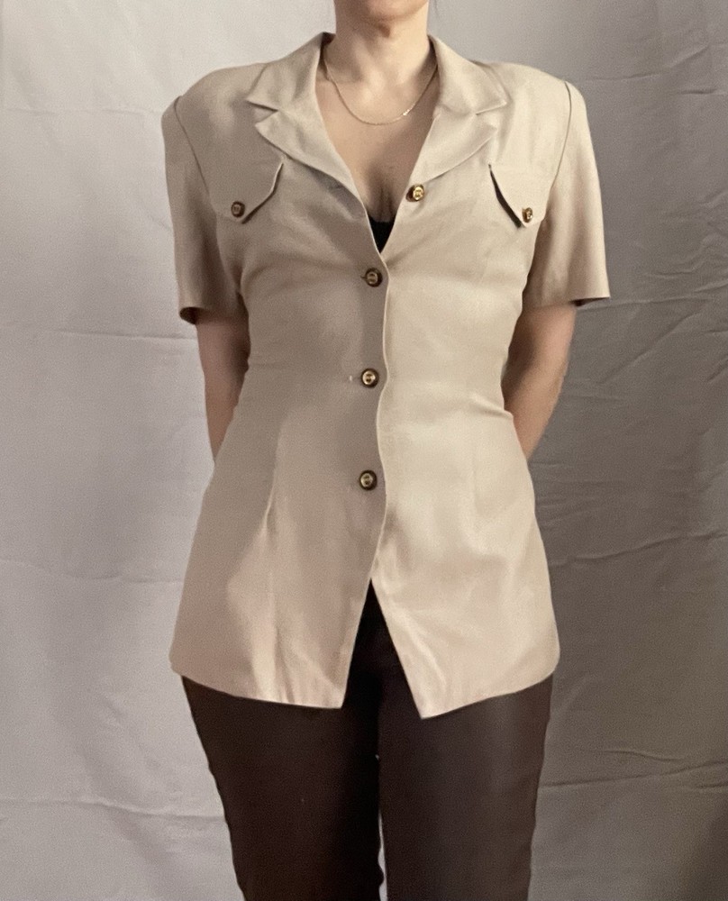 Vintage Tan Blouse Summer Blazer Button-up 1980 Military Style Tan Neutral VTG