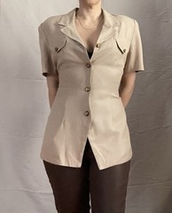 Vintage Tan Blouse Summer Blazer Button-up 1980 Military Style Tan Neutral VTG