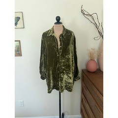 Vintage 90s Soft Surroundings Green Crushed Velvet Silk Blouse