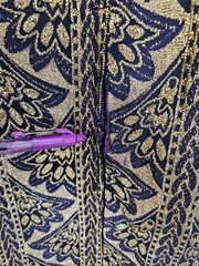 Vintage Gold Floral Brocade Empire Waist Long Dress Blue Purple 32″ Chest Sz S