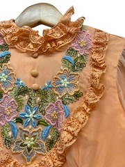 VINTAGE Orange Peach Floral Embroidered 70s MAXI GOWN DRESS See Measurements Vtg