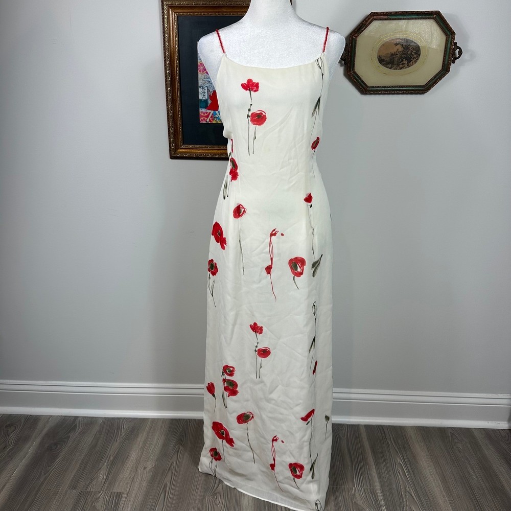 Vintage Y2K White Dress w/ Red Poppy Floral Design & Beaded Straps – SIZE 10
