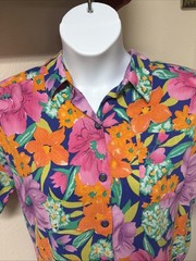 Vtg 1980s Colorful Tropical Floral button Front Blouse Cotton/rayon SS Sz L