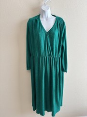 Vintage Matti of Lynne Green Textured Knit Dress V-Neck Midi 70s 80s – XL/14/16