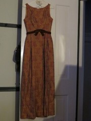Vtg. 1950’s Harry Keiser Brocade Sleeveless Empire Waist Maxi Gown Orange/Purple