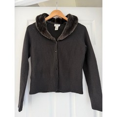Vintage Y2K LOFT Faux Fur Collar Black Button Down Cardigan