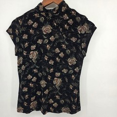 Xscape Joanna Chen Black Floral Metallic Mandarin Collar Top Y2k gotjy coquette