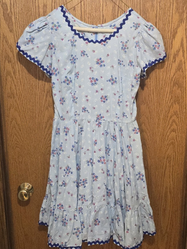 Vintage Handmade Prairie Dress Blue Floral Ric Rac Trim Puff Sleeve XS