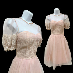 Vintage 1950s Tulle Baby Pink Puff Sleeve Dress with Floral Appliqué