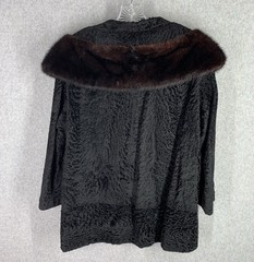 VTG Black Persian Lamb Broadtail Coat Mink Fur Collar Glam Classic S/M Old Money