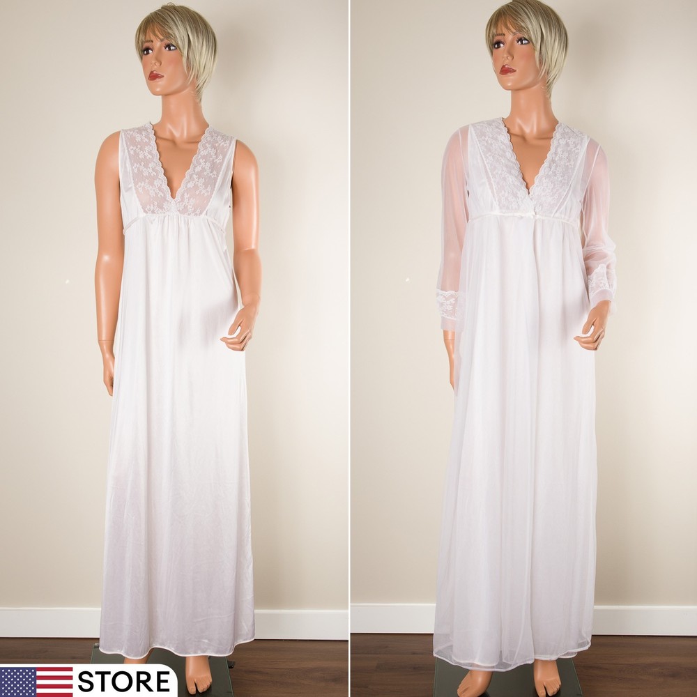 💖 VTG GILEAD Ivory Nylon Chiffon & Lace Peignoir Set Nightgown & Robe 32 USA