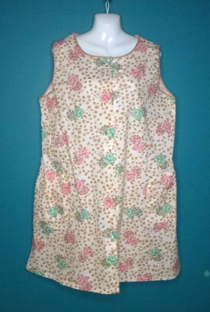 Vtg 60s Snap Front House Dress Duster Green Pink Roses on Off White Sz L