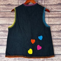 Marisa Christina Vintage Heart Patch Sweater Vest Black Multi Color Buttons M