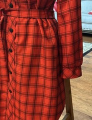 Vintage Red Black Plaid stripes Shirt Dress Polyester Knit Medium Large EUC