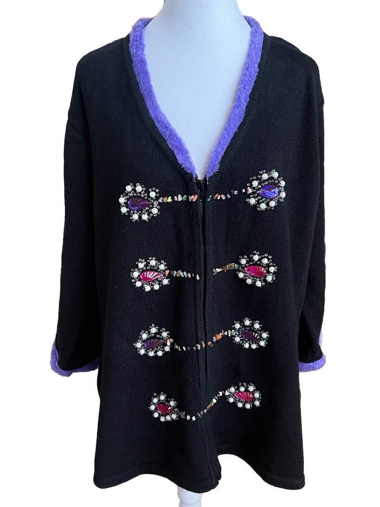 STORYBOOK KNITS Be Jeweled Mardi Gras Black Zip Up Sweater Cardigan Plus 2x