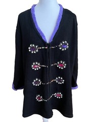 STORYBOOK KNITS Be Jeweled Mardi Gras Black Zip Up Sweater Cardigan Plus 2x