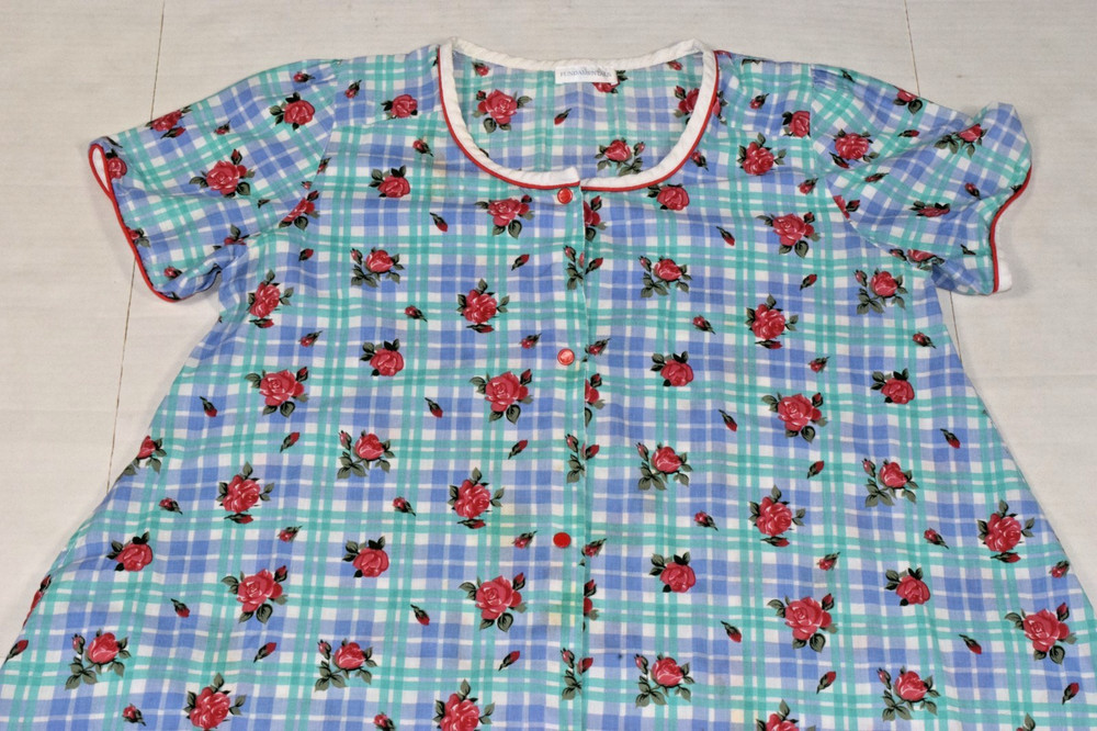 Vintage House Dress Nightgown Fundamentals Size L 90s Country Roses Blue Plaid