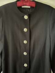 VINTAGE BONWIT TELLER, WOMEN’S 4 LBD WOOL BLACK SHEATH DRESS, RHINESTONE BUTTONS