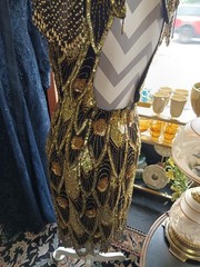 Lillie Rubin Vintage Black Gold Beaded Sequin Semi-Open Back Silk Dress Size 6