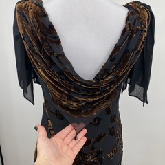Vtg Barbara Katz Evening Dress Womens Sz 8 Black Brown Silk Maxi Burnout Velvet