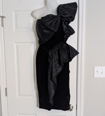 David Howard Karen Okada Vintage Black One SHOULDER Bow Velvet Midi Dress 6