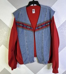 Jerzees Womens Red Denim Tribal Jacket Open Front Reworked 90s 3XL Handmade Vtg