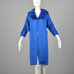 Small 1950s Clutch Coat Blue Satin Bracelet Batwing Sleeves Wide Collar VTG 50s