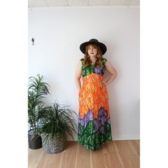 Dela-Ann Creation Maxi Dress Orange Green Purple Leaf Print Vintage 100% Acetate