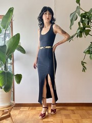 Vintage 80s Contempo Casual Black Ribbed Bodycon Maxi Dress S/M 90s Supermodel