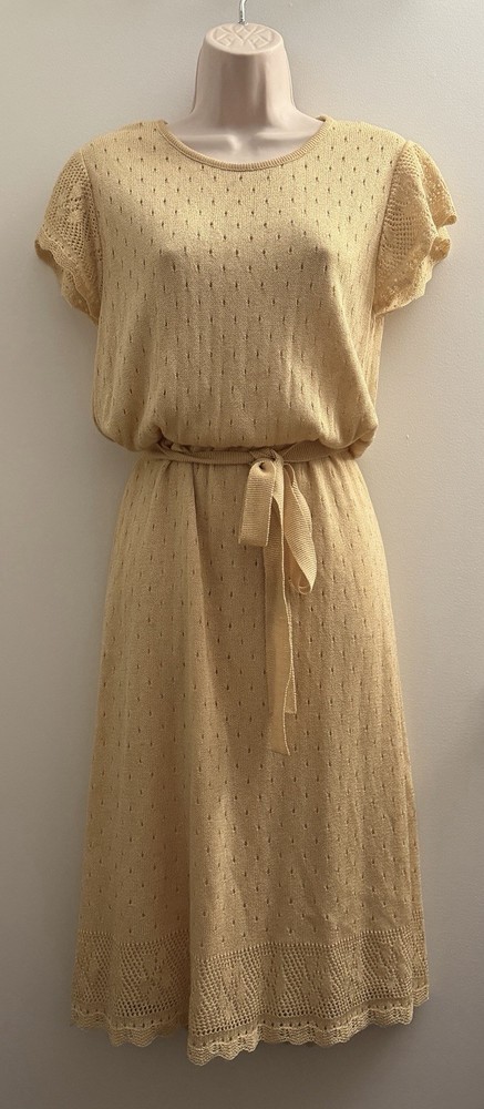 VINTAGE 70’S 80’S ALBERT NIPON ITALY POINTELLE CROCHET KNIT BLOUSON DRESS 8 MED