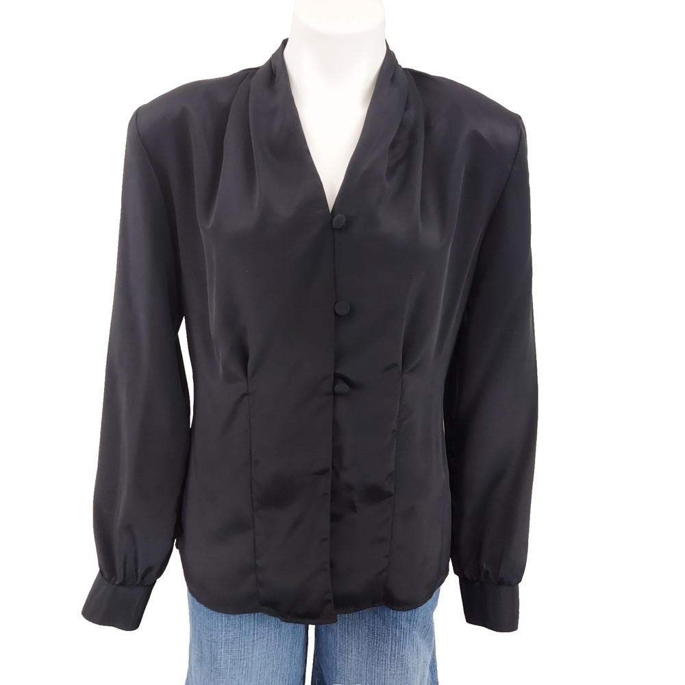Vintage Fritz & Lloyd Black Long Sleeve Blouse Shoulder Pads Womens Tag Size 10