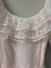 Vintage 60’s Pink Flocked Hearts White Lace Gown Dress Ruffles Southern Belle S