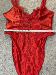 Vtg 80s Midnight Hour Teddy Bodysuit 1X Red Lace Satin Ruffles Sexy USA Made